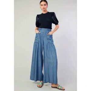 Current Air Patch Pocket Wide Leg Chambray Pant Blue Size Small
